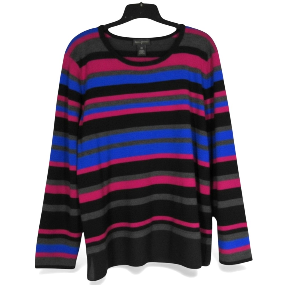 INVESTMENTS II Black/Multi STRIPE PRINT Chiffon Wide Hem KNIT SWEATER Sz 2X